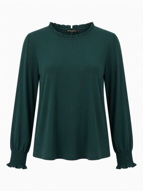 Adrianna Papell Forest Green Ruffle Neck Long Sleeve Blouse